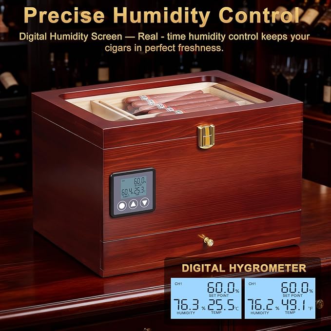Cigar Humidor Cabinet with Electric Humidifier Precision Humidity Control Digital Display Double-Layer Cedar Shelves Glass Top Accessory Drawer, 65-Cigar Capacity, Father's Day Gift for Men (Brown) - Image 2