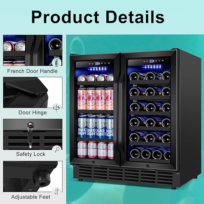 30 Inch Wine and Beverage Refrigerator, Upgrade Dual Zone Wine Cooler, 30'' Wine beverage Fridge Built in or Freestanding Under Counter Large Capacity Glass Door Advanced Cooling System,Black - Image 7