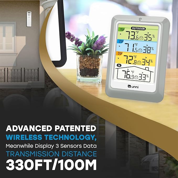 Indoor Outdoor Thermometer Wireless with 3 Sensors, 4.5 Inch Display with 330ft Range and Adjustable Backlight (Colorful) - Image 4