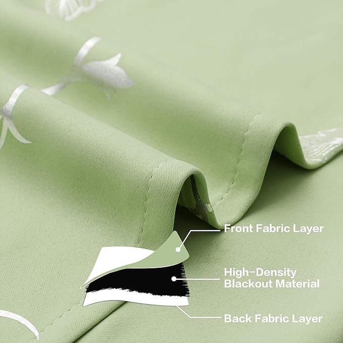 BUHUA Blackout Curtains Silver Foil Print Flower Vine Grommet Drapes, Room Darkening Thermal Insulated Curtains, Noise Reducing Curtain for Bedroom, Grass Green, 52Wx72L, 2 Panels - Image 6