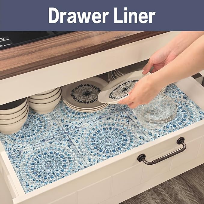 Drawer and Shelf Liner for Kitchen Cabinets Non-Adhesive Waterproof Boho Shelf Liner Strong Grip Non-Slip Drawer Liner Easy to Clean Blue Cabinet Liner for Shelf Dresser Cupboard 12IN × 10FT - Image 7