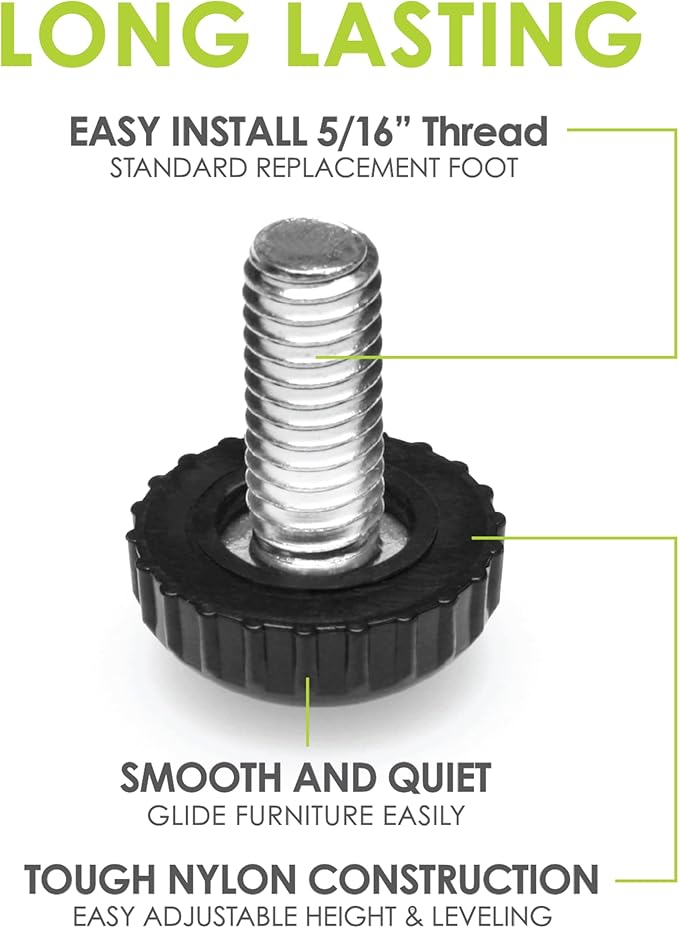 Slipstick Gorilla Outdoor Adjustable Furniture Levelers (8 Pack) Weatherproof Screw in Leg Glides for Chairs, Tables, and Outdoor Furniture Feet, 7/8 Inch Nylon Spherical Glide, 5/16"-18 BSW Thread - Image 2