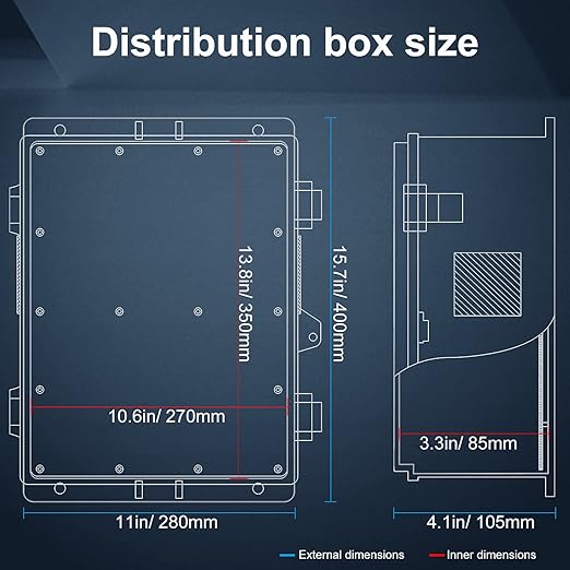 Outdoor Electrical Junction Box with High Power Outlet, ABS Water Resistant Enclosure with Internal Mounting Panel & Hinged Cover (16" H* 12" L* 4" W) - Image 7