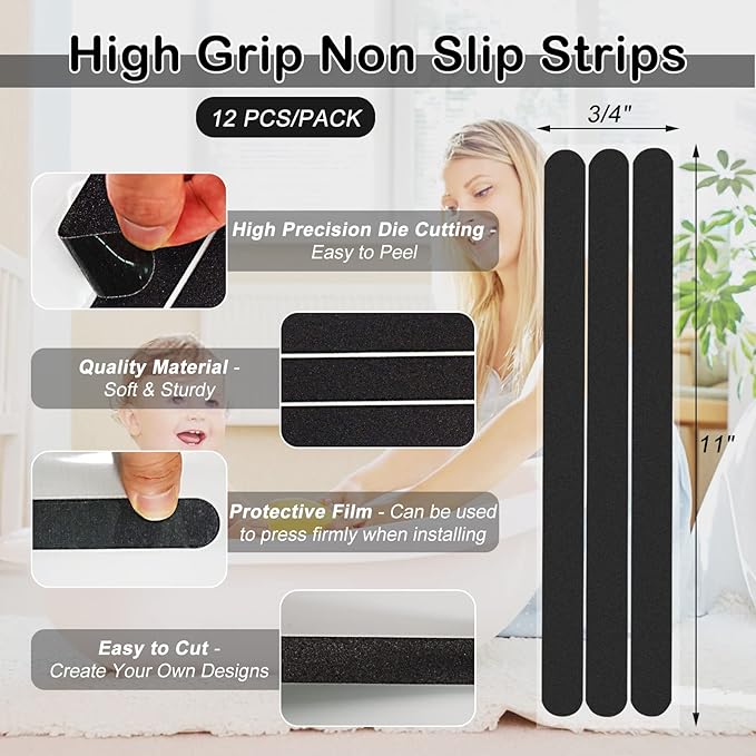 S&X Non Slip Safety Stickers,Gritty Textured Slip-Resistant Treads,0.75-Inch by 11-Inch,12 Strips Per Pack (Black) - Image 4