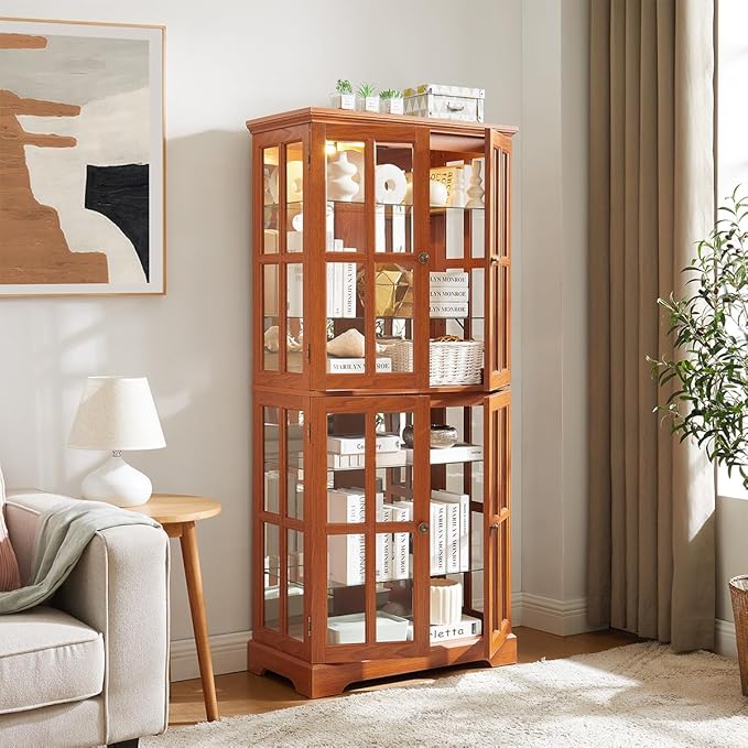 Lighted Glass Curio Cabinet with Lights & Adjustable Shelves,Curio Display Cabinet with Wood Frame & Glass Door,Corner Antique Display Case for Kitchen,Living Room,Office - Image 9