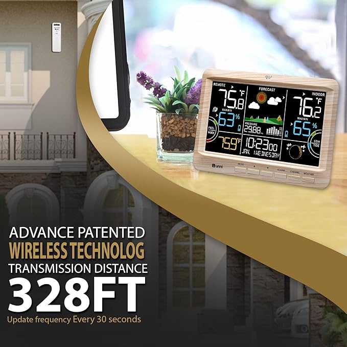 Weather Station Indoor Outdoor Thermometer Wireless, Home Atomic Clock with Large Constant Display, Inside Outside Temperature Humidity Monitor, Dew Heat Point, Barometer Wood - Image 7