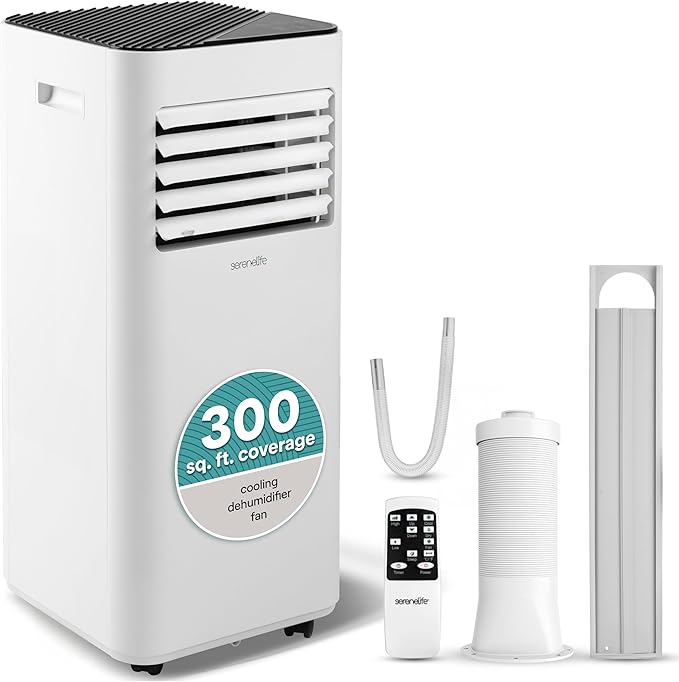 SereneLife Portable Conditioner, 8000 BTU 3-in-1 Compact Standing Air Conditioner for Rooms Up to 300 Sq. Ft., Energy Efficient Floor AC Unit with Remote Control, Universal Casters, Window Mount Kit by SereneLife