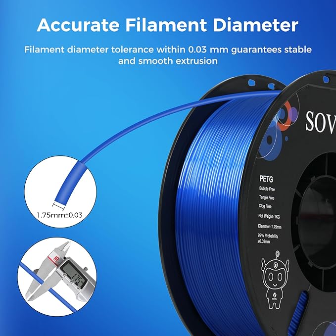Sovol 3D Printer PETG Filament 1.75mm 1KG (2.2lbs), High Precision, Strong Toughness, Wiring Tightness, Dimensional Accuracy +/- 0.03 mm, 3D Printing PETG Filaments, Blue - Image 6