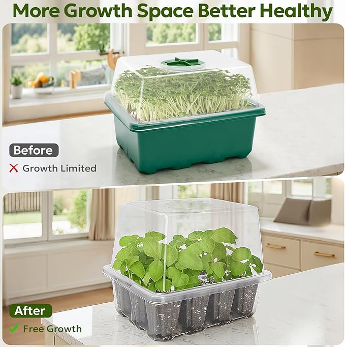 MIXC Seed Starter Kit with Grow Light, Elevated Seedling Tray Kit with Adjustable Humidity Dome and Clear Cell Tray, 12 Full Spectrum Led Beads for Seed Starting Greenhouse, 4 Pack, Transparent - Image 3