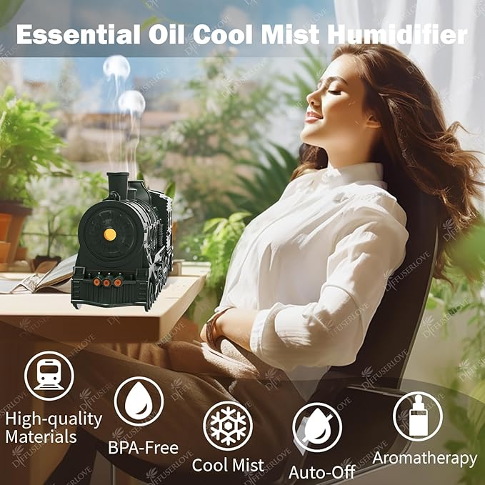 Diffuserlove Essential Oil Diffuser 300ML Train Cool Mist Humidifier Quiet Aromatherapy Diffuser with Night Light for Bedroom Desk - Image 3