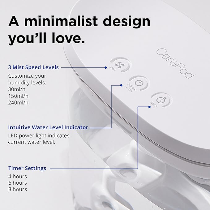 Carepod Mini 21P Ultrasonic Cool Mist Humidifier Whisper-Quiet Filter-Free Easy Clean - Only 3 Washable Parts to Clean, Auto Shut-off, 0.74gal 2.8l Tank, Nursery, Baby, Kids Bedrooms - Image 5