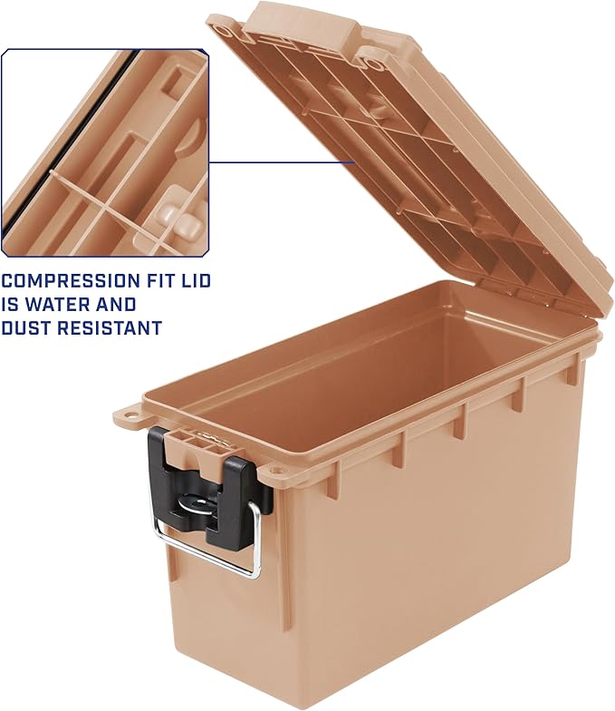 Sheffield 12627 Ammo Storage Box, Stackable .30 Cal Field Boxes, Water and Dust Resistant, Lockable Storage Box with Handle, Secures Hunting Gear, Supplies, and Bullets, Made in USA, Tan, 1-Pack - Image 4