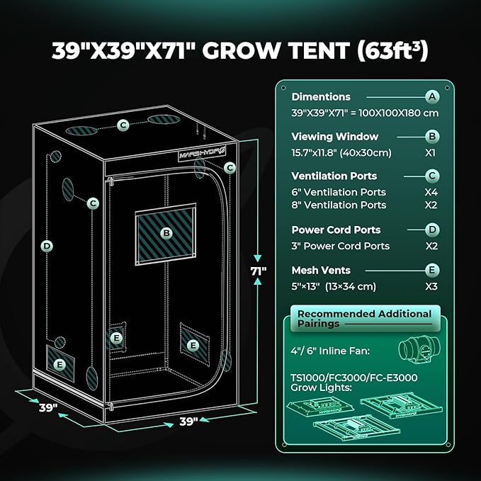 MARS HYDRO 3.3x3.3 Advanced Grow Tent, 39"x39"x71" High Reflective Mylar 1680D for Hydroponics Indoor Plant Growing, with Observation Window,Floor Tray and Smooth Zipper for TS1000/FC3000/FC-E3000 - Image 9