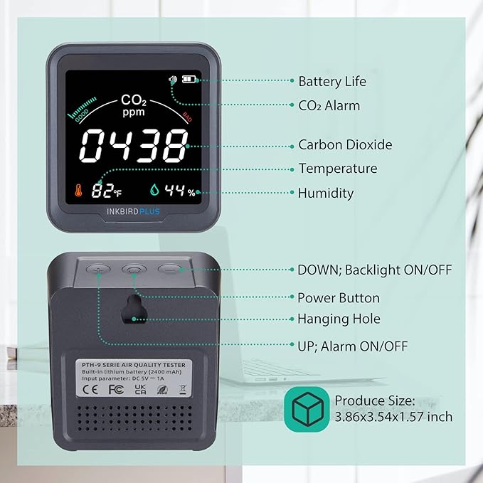 INKBIRDPLUS Indoor CO2 Detector, Air Quality Monitor, Tester for Carbon Dioxide, Temperature and Relative Humidity, Indoor CO2 Monitor with Alarm, for Grow Tents, Wine Cellars, Homes, Cars(PTH-9C) - Image 6