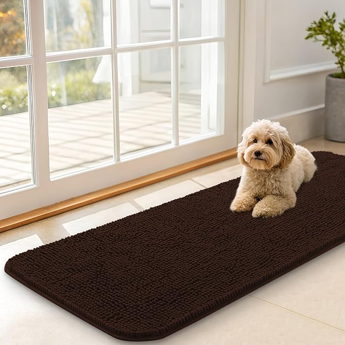 OLANLY Dog Door Mat for Muddy Paws 47x17, Absorbs Moisture and Dirt, Absorbent Non-Slip Washable Doormat, Quick Dry Chenille Mud Mat for Dogs, Entry Indoor Entryway Carpet for Inside Floor, Brown by OLANLY