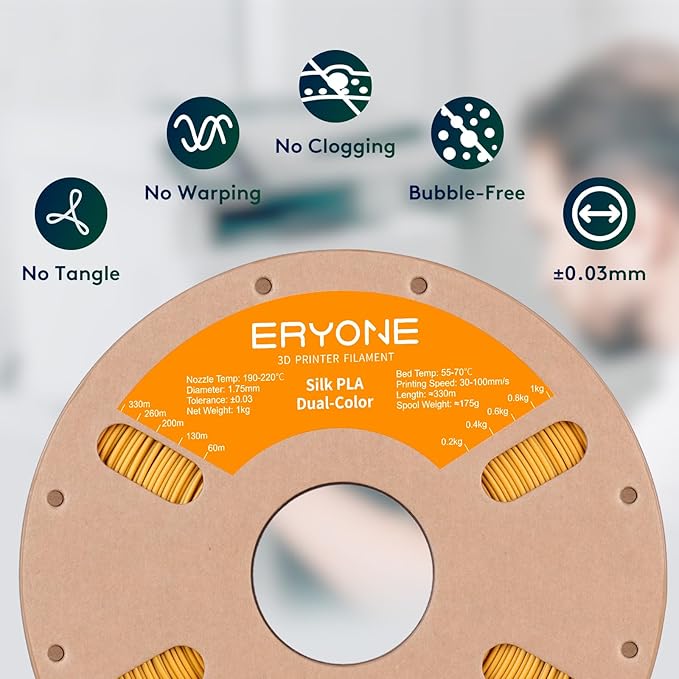 ERYONE Silk Dual Color PLA Filament 3D Printer 1.75mm +/- 0.03mm, Bicolor Filament Two Tone PLA Bundle 2KG Cardboard Spool, Black Gold - Image 4