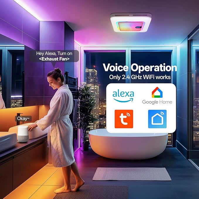 Smart Bathroom Exhaust Fan with Bluetooth Speaker, 230 CFM 1.0 Sone Exhaust Fan with Humidity & Odor Sensor, Remote/App/Voice Control, Adjustable LED Lighting & Dynamic RGB Mood Light (Pink) - Image 3