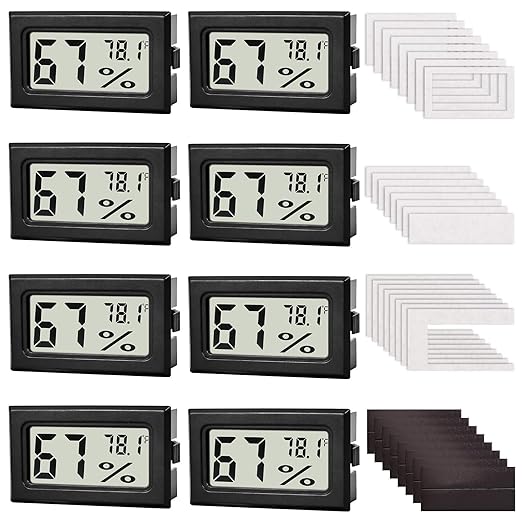 8-Pack Mini Digital Hygrometer Thermometer, Front-View Frame Adhesive for Mason Jar & Reptile Tank, Humidity Monitor for Garden, Greenhouse, Plants, RV, Office, Cellar 12-Month Battery by FN