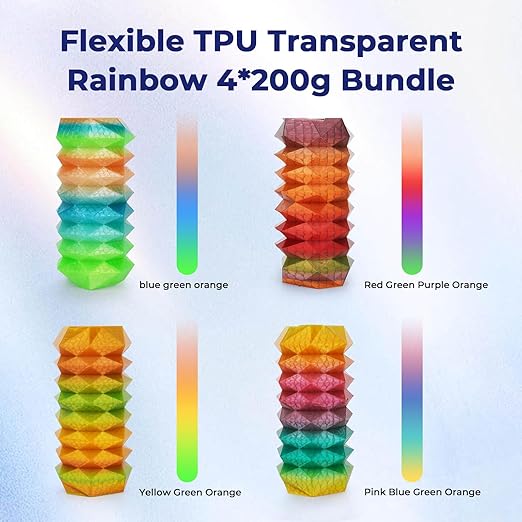 AMOLEN TPU 3D Printer Filament Bundle, Transparent Multicolor Rainbow TPU 1.75mm, Color Change Flexible Soft TPU 3D Printing Filament Supports High Speed, 200gX4 Spools - Image 3
