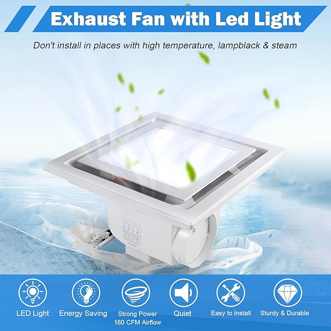 FEITON Square Bathroom Exhaust Fan with Light, 160 CFM 35W 4 Inch Duct, 100-240V 1.0 Sones Quiet Bathroom Ceiling Fan, Shower Fan Light Combo(Mounting Hole: 10.2 x 10.2 Inches) - Image 3