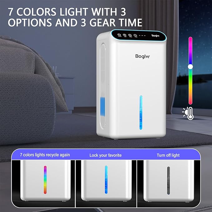 Dehumidifiers, Dehumidifier for Home (85 OZ, 800 sq.ft) Quiet Small Dehumidifier for Bedroom Bathroom Basement with Drain Hose, 3 Gear Timer, Sleep Mode, Auto Shut Off, 7 Color Ambient Light - Image 6