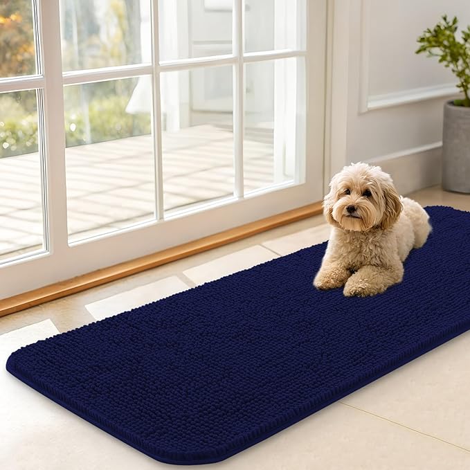 OLANLY Dog Door Mat for Muddy Paws 47x17, Absorbs Moisture and Dirt, Absorbent Non-Slip Washable Doormat, Quick Dry Chenille Mud Mat for Dogs, Entry Indoor Entryway Carpet for Inside Floor, Navy Blue by OLANLY