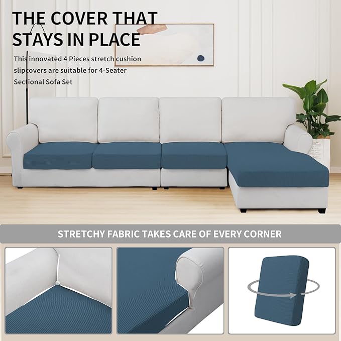 Easy-Going Stretch 4 Pieces Couch Cushion Covers for Sectional Sofa Left/Right L Shape Chaise Lounge Sofa Seat slipcover Anti-Slip Sofa Cover Soft (3 Seater + 1 Chaise, Bluestone) - Image 5