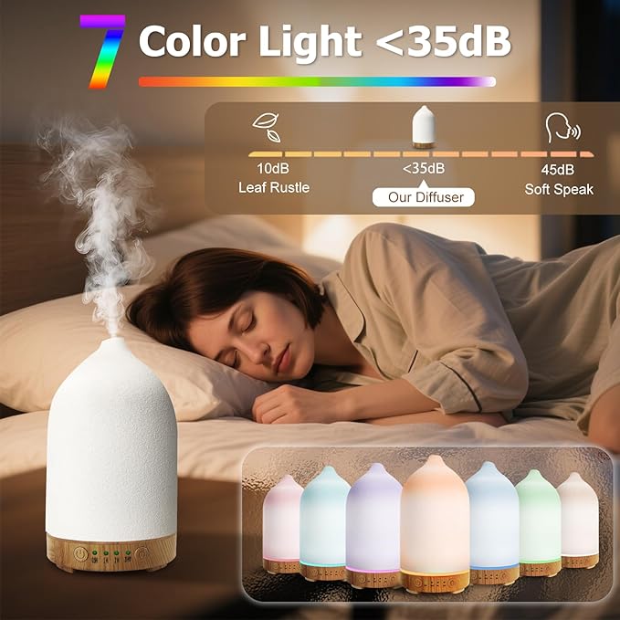 Essential Oil Diffuser Humidifiers, Aromatherapy Diffusers, Ceramic Essential Oil Diffuser, 7 Color LED Lights Auto Shut-Off, 4 Timer Mode for Office and Room 100ML White - Image 4