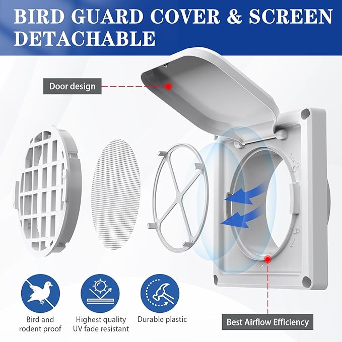 Dryer Vent Cover Outside 4 inch, Magnetic Door Design, Durable Airflow Vent with Lint Trap Screen, Thickened Material, 6 inch x 6 inch Size, White - Image 3