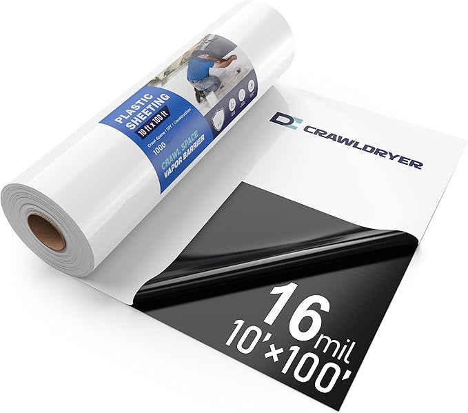 Crawl Space Vapor Barrier - 16 mil 10' x 100', Concrete Vapor Barrier, Vapor Barrier for Crawlspace Encapsulation kit, Crawlspace Liner, Roll of Heavy Duty Plastic sheeting, Black and White Panda Film by CrawlSpaceEncapsulation