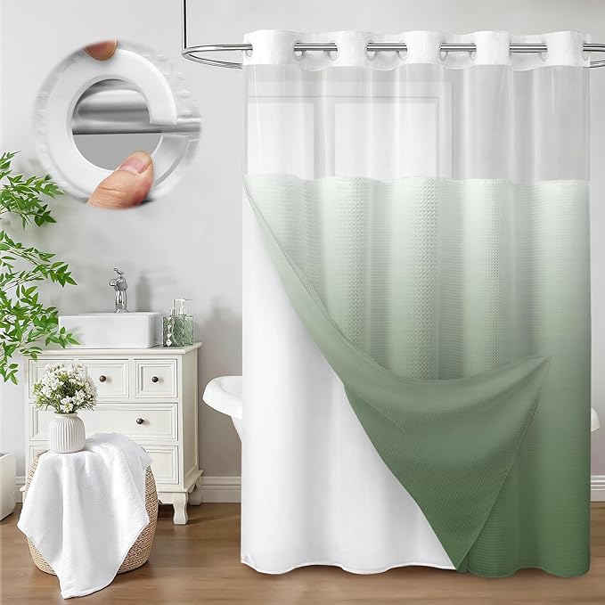 No Hook Shower Curtain and Liner Set,Ombre Green Hotel Waffle Shower Curtain with Liner 75" L x 72" W by Unknown