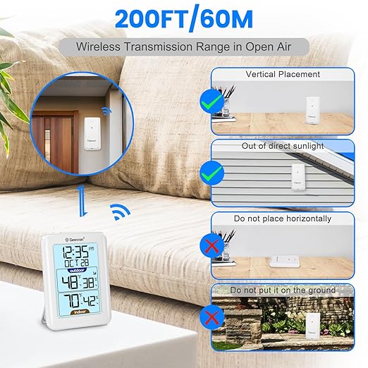 Geevon Digital Hygrometer Indoor Outdoor Thermometer Wireless with Clock, Backlight Temperature Gauge Humidity Monitor, Inside Outside Thermometer with 200ft/60m Range Remote Sensor,White - Image 7