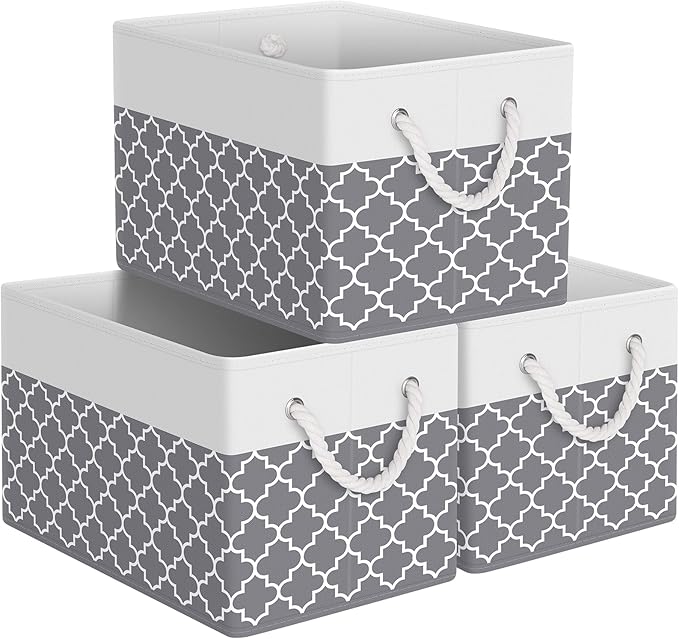 Storage Bin,Collapsible Storage Basket For Organizing,Large Storage Boxes With Rope Handles,Storage Containers,Clover Grey,3 Pack by StorageTastic