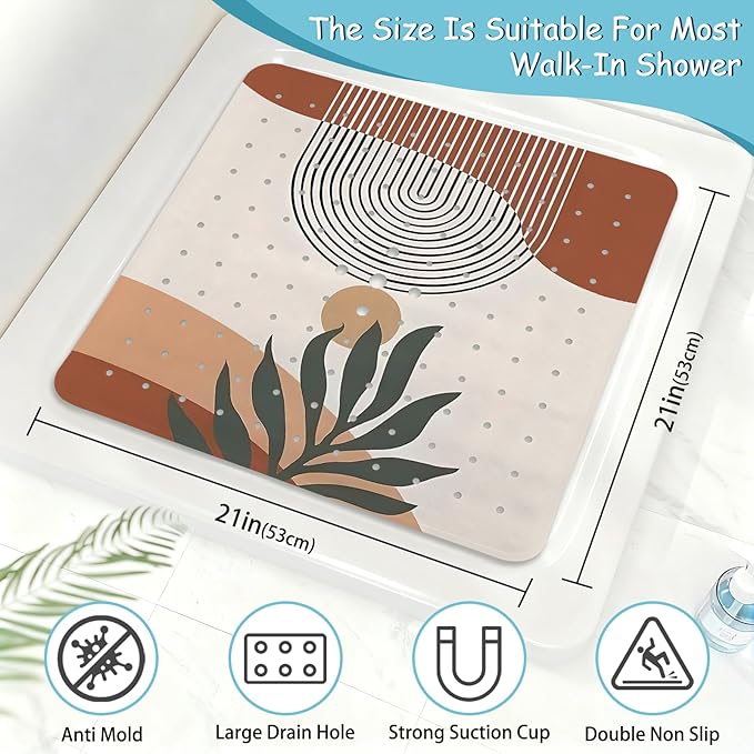 Leaves Square Anti Slip Shower Mats for Inside Shower Accessories, Boho Bath Mats for Bathroom Non Slip Shower Floor Mat Decor Rubber Bathmat with Suction and Drain Holes Machine Washable, 21″X21″ - Image 2