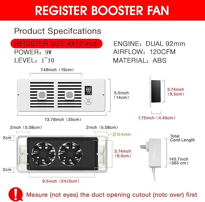 Register Booster Fan Fits 4" x 12" Register Holes, 10-Speed Smart Thermostat AC Vent Fan with Timer Setting and Aroma Function, Air Vents Fans & Heating for Wal - Image 4