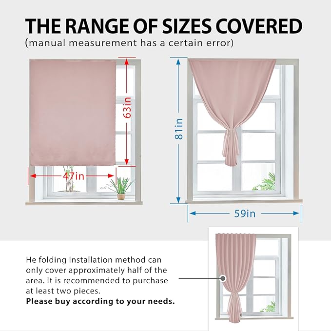 Autohesion Curtains for Windows,Bedroom Blackout Curtains for - Thermal Lnsulated No Drill Curtains Room Darkening Black Small Drapes, JILRON,(1 Panels,47Wx63L inch-Tender Pink) - Image 3
