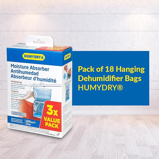 HUMYDRY Hanging Moisture Absorber Bags, 18 Count, 6 Packs of 3 Unscented 15.9 Oz Dehumidifiers for Closets Wardrobes Storage Areas, Non Electric Humidity Absorbers for Small Enclosed Spaces - Image 2