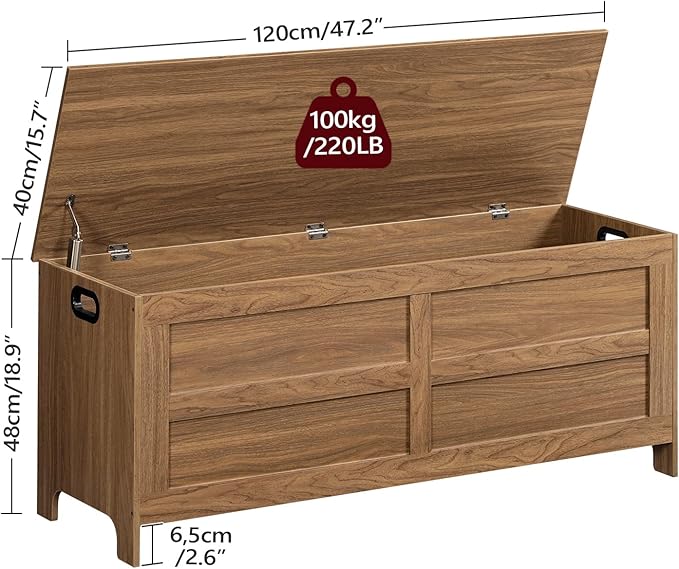 Storage Chest, 47.2” Large Toy Chest, Entryway Storage Trunk, Storage Bench with Safety Hinge, Entrance Bench for Living Room, Entrance, Bedroom, Honey Brown SCOR48901 - Image 3