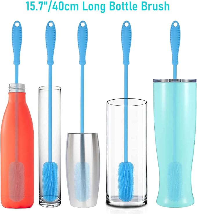 15.7" Silicone Bottle Brush, ddLUCK Water Bottle Cleaner Brush for Stanley, Hydroflasks, Glass, Thermos Sports Bottle, Vase and Glassware, Bottle Brush Cleaner for Small Narrow Neck Containers (Blue) - Image 7
