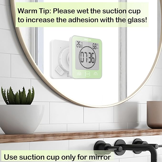 Waterproof Bathroom Wall Clock and Timer, Digital Water Resistant Hanging Timer for Shower, Large Display Kitchen Cooking Countdown Timers, Mirror Suction Clock with Temperature Humidity Meter (Green) - Image 2