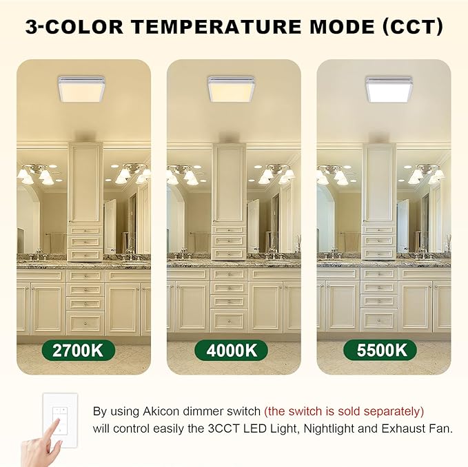 Akicon Bathroom Exhaust Fan with Shower Light, 15W Dimmable 3CCT LED with 3.5W Night Light Vent Fans, 80 CFM, 2 Sones Bath Fan Light Combo for Bathroom and Home, Square, Silver - Image 3