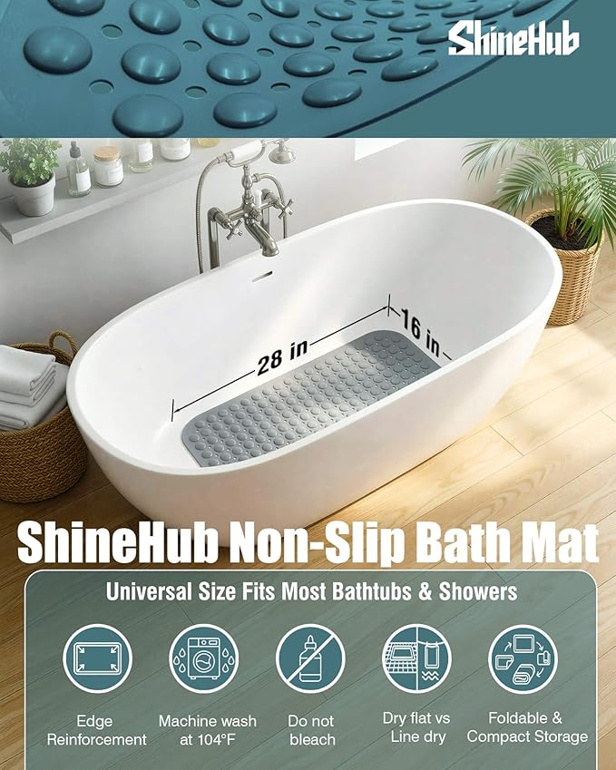 Non-Slip Bath Mat for Tub Shower, TPE Machine Washable Bathroom Essentials with Suction Cups, Quick-Dry 28x16 inch (Mist Pine Gray) - Image 6