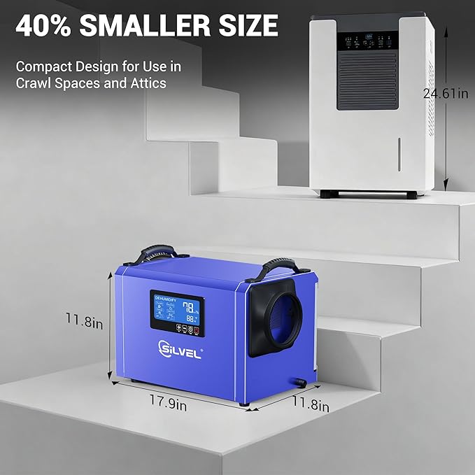 SILVEL 145 Pint Dehumidifier with Drain Hose, Commercial Compact Dehumidifier for Crawl Spaces, Basements, Industry Water Damage Unit, Large Capacity, Portable, Up to 6000 Sq.Ft, Blue - Image 7