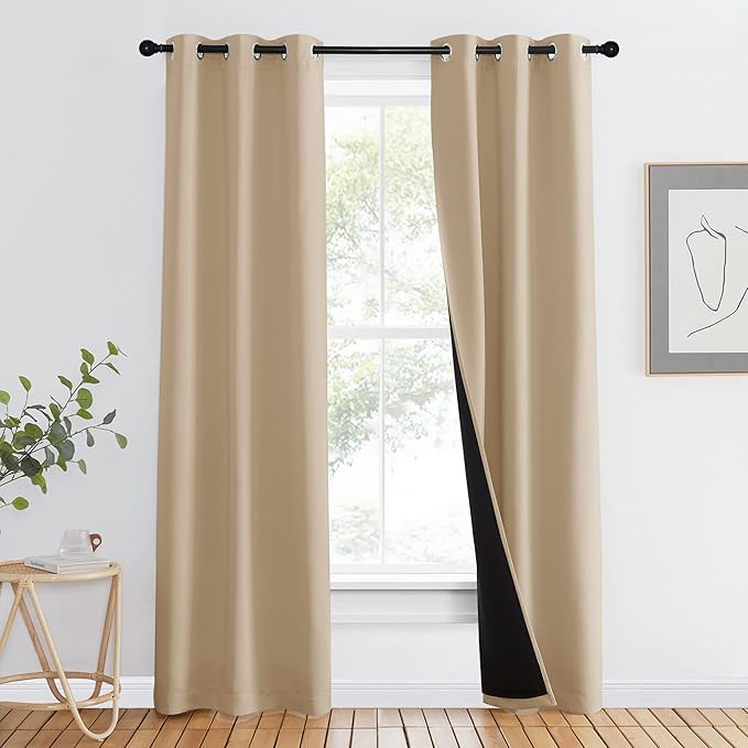 NICETOWN Living Room Completely Shaded Draperies, Privacy Protection & Noise Reducing Ring Top Drapes, Black Lined Insulated Window Treatment Curtain Panel (Biscotti Beige, 1 Piece, W37 x L84) by NICETOWN