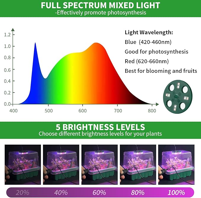 Seed Starter Tray with Plant Light, 4 Pack Grow Lights for Seed Starting Kit with Humidity Domes, Timing Controller Adjustable Brightness for Greenhouse Propagator Station Planting Growing - Image 3