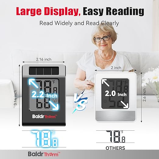 BaldrTherm Humidity Meter Hygrometer, Solar-Powered Room Thermometer Indoor Digital Temperature Sensor Monitor, 2.2''Humidity Gauge for Baby Rooms, Home, Office, 1Pack, Black - Image 4