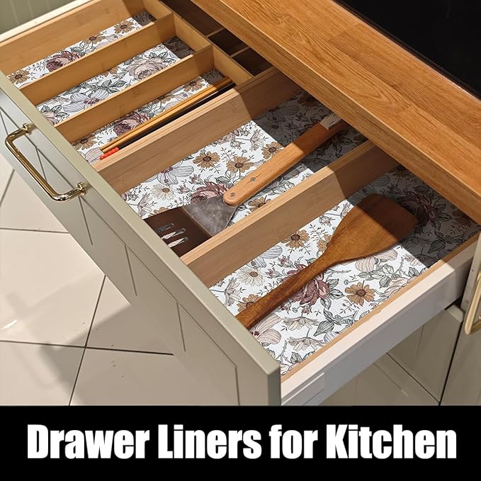 Floral Drawer Shelf Liners, Non Adhesive and Strong Non-Slip Cabinet Drawer Shelf Liners for Kitchen Wire Fridge, Waterproof Shelf Liner,Easy to Clean,12IN x 10FT - Image 4