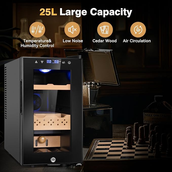 Electric Cooler Cabinet 25L with Temperature and Humidity Control, Spanish Cedar Wood Shelves and Safety Lock (200 Counts Capacity), Gift for Men - Image 8