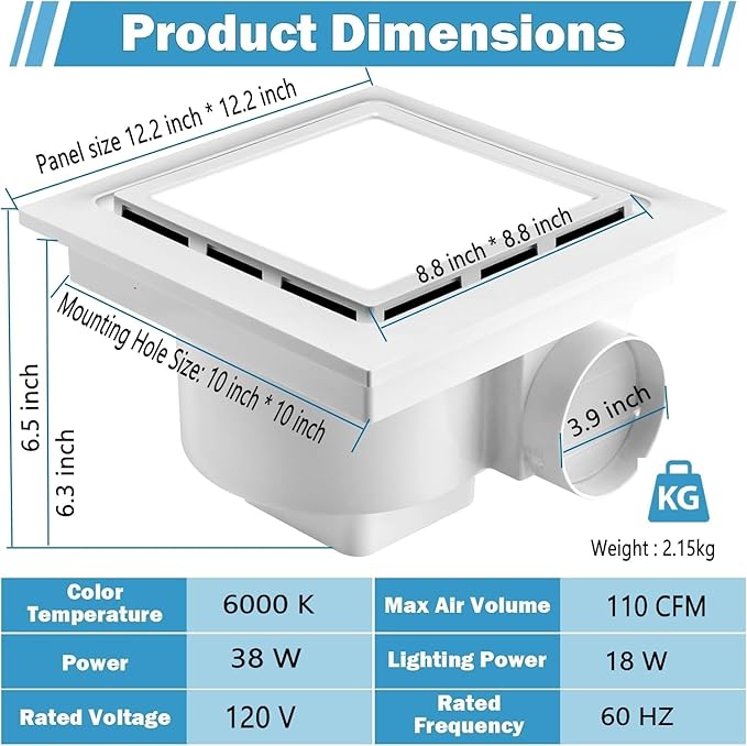 Nalle Ventilation Fans Bathroom Exhaust Fan with Light 12 inch Panel 6000K 18W Square LED 110 CFM 1.0 Sones 4 Inch Duct 110V Ceiling Mount Exhaust Fan for Shower, Bathroom, Office, Home (FL-250) - Image 4