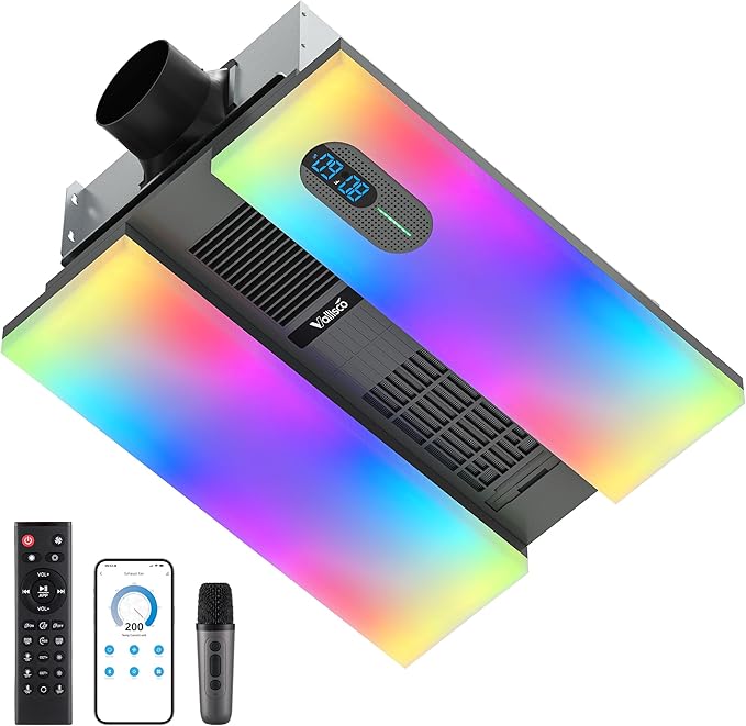 Bathroom Exhaust Fan with Heater, Light, Bluetooth Speaker, Odor & Humidity Sensors, 230 CFM Quiet Ceiling Fan with 3 Dynamic RGB Lighting, 3CCT - Remote App Control - Compatible with Alexa by VallisCo